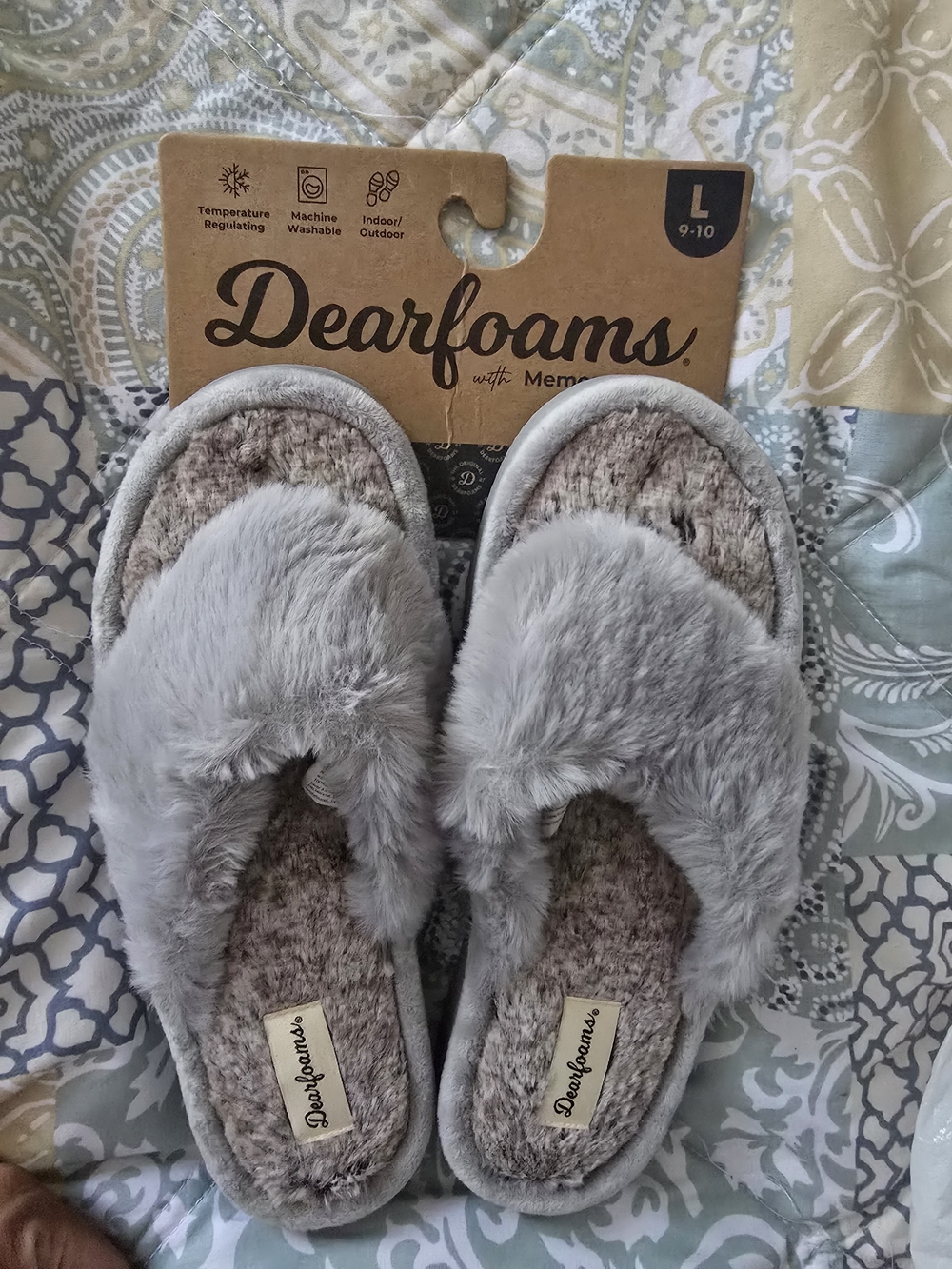 Brand New Dearfoams Women's Plush Faux Fur Gray Slide Slippers